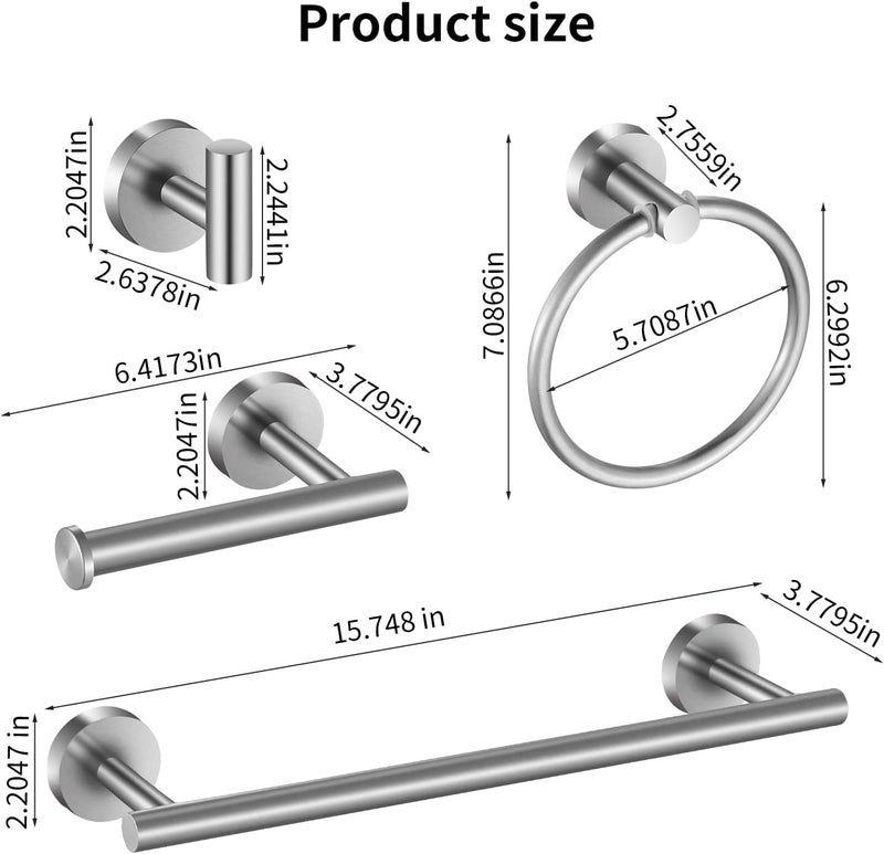 Hinmood Towel Bar Set Brushed Nickel, Bathroom Towel Ring Set 5pcs Including 2pcs 16'' Tower Bar, Towel Ring and 2 PCS Towel Hooks - Image 2
